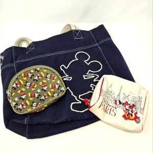 DISNEY PARKS WDW NAVY BLUE CANVAS TOTE BAG MICKEY MOUSE & PARIS BAG LOT 3 TRAVEL